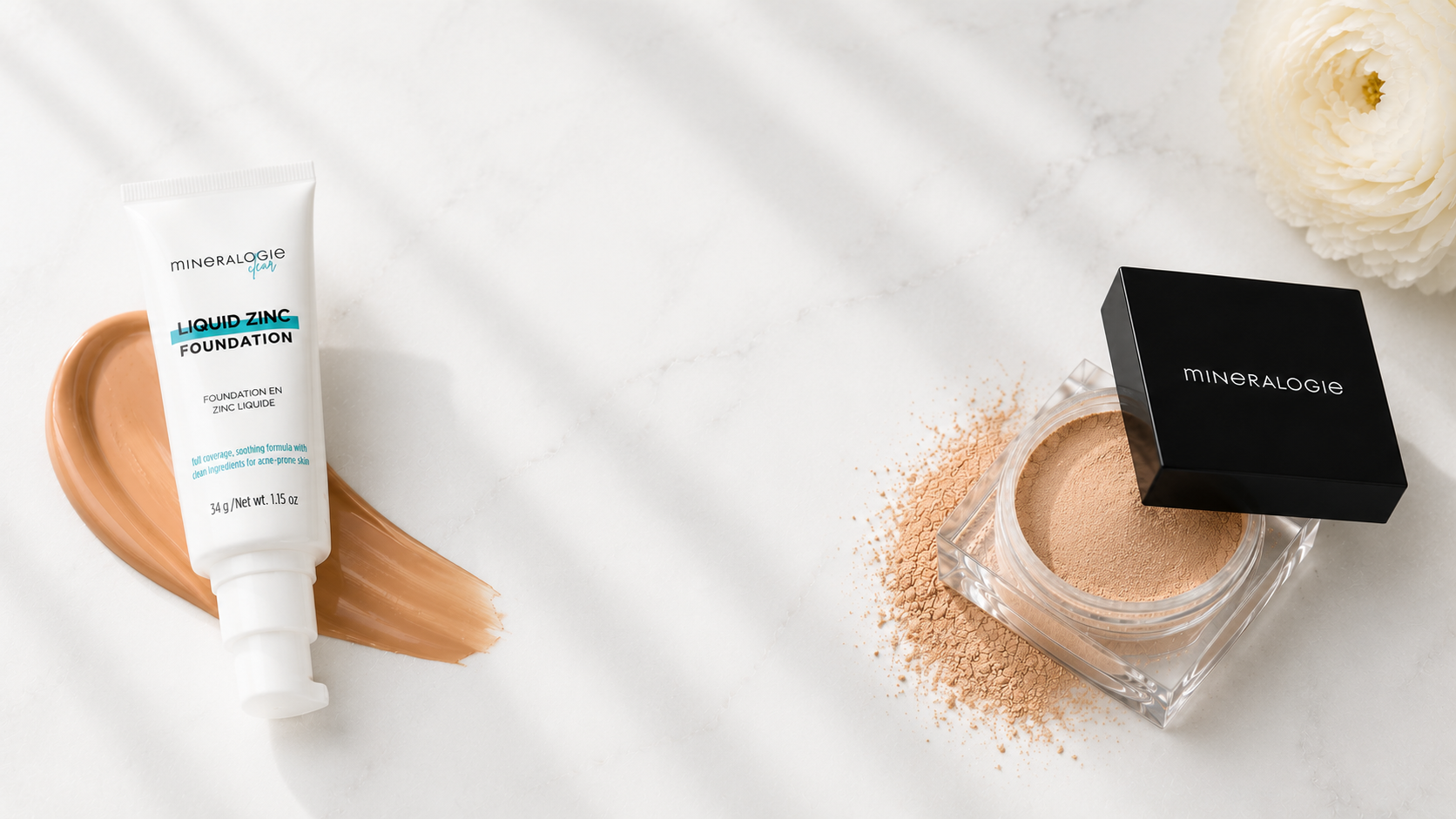 Loose Mineral Foundation and Liquid Zinc Foundation on marble white background