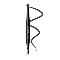 A black MINERALOGIE brow pencil with a dual-ended spoolie brush, shown vertically with a wavy swatch of the light brown cosmetic product extending from the top of the barrel, on a solid white background. Color is Black