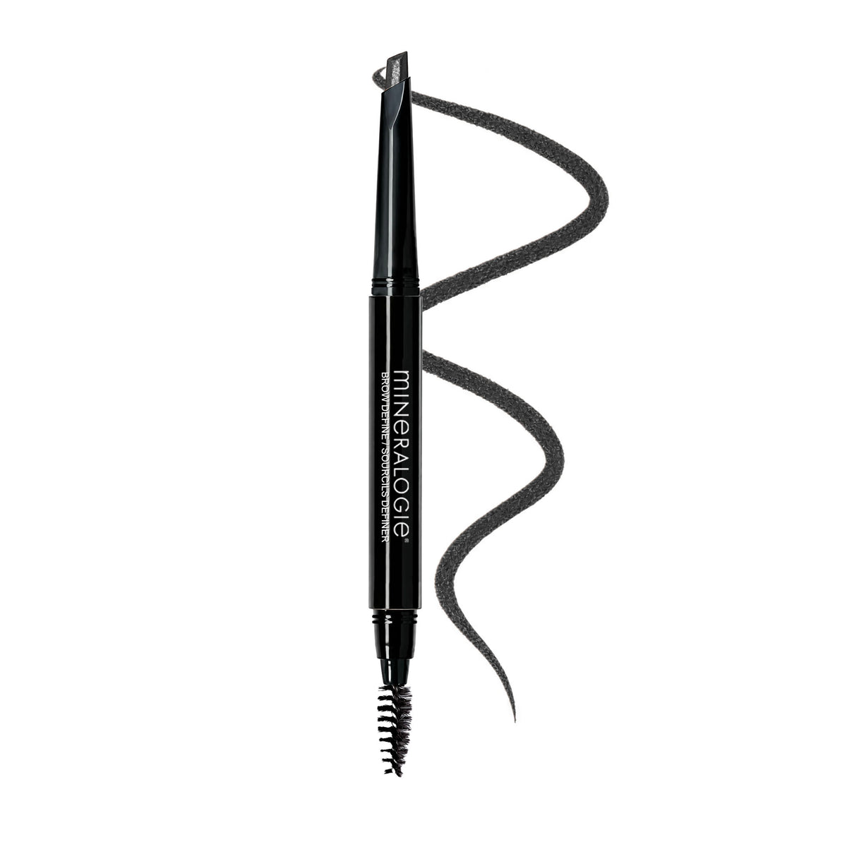 A black MINERALOGIE brow pencil with a dual-ended spoolie brush, shown vertically with a wavy swatch of the light brown cosmetic product extending from the top of the barrel, on a solid white background. Color is Black