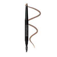 A black MINERALOGIE brow pencil with a dual-ended spoolie brush, shown vertically with a wavy swatch of the light brown cosmetic product extending from the top of the barrel, on a solid white background. Color is Blonde.