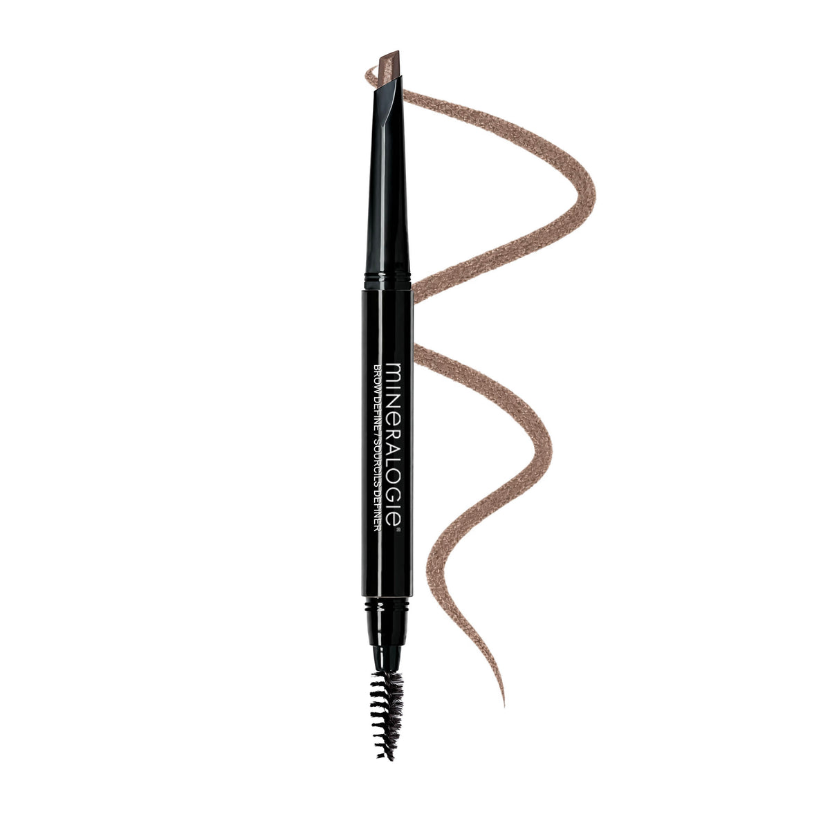 A black MINERALOGIE brow pencil with a dual-ended spoolie brush, shown vertically with a wavy swatch of the light brown cosmetic product extending from the top of the barrel, on a solid white background. Color is Blonde.