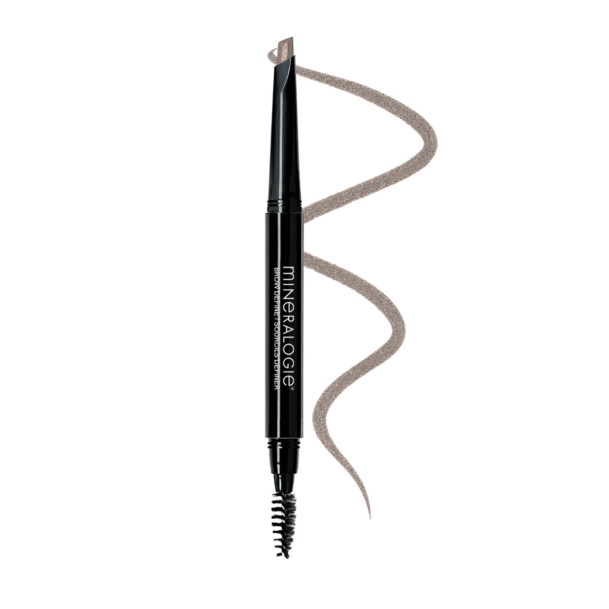 A black MINERALOGIE brow pencil with a dual-ended spoolie brush, shown vertically with a wavy swatch of the light brown cosmetic product extending from the top of the barrel, on a solid white background. Color is Cool Blonde