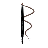 A black MINERALOGIE brow pencil with a dual-ended spoolie brush, shown vertically with a wavy swatch of the light brown cosmetic product extending from the top of the barrel, on a solid white background. Color is Dark Brunette